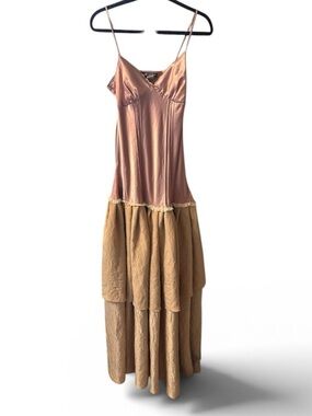 Self Esteem Blush Pink and Tan Satin Tiered Prom Dress size M
